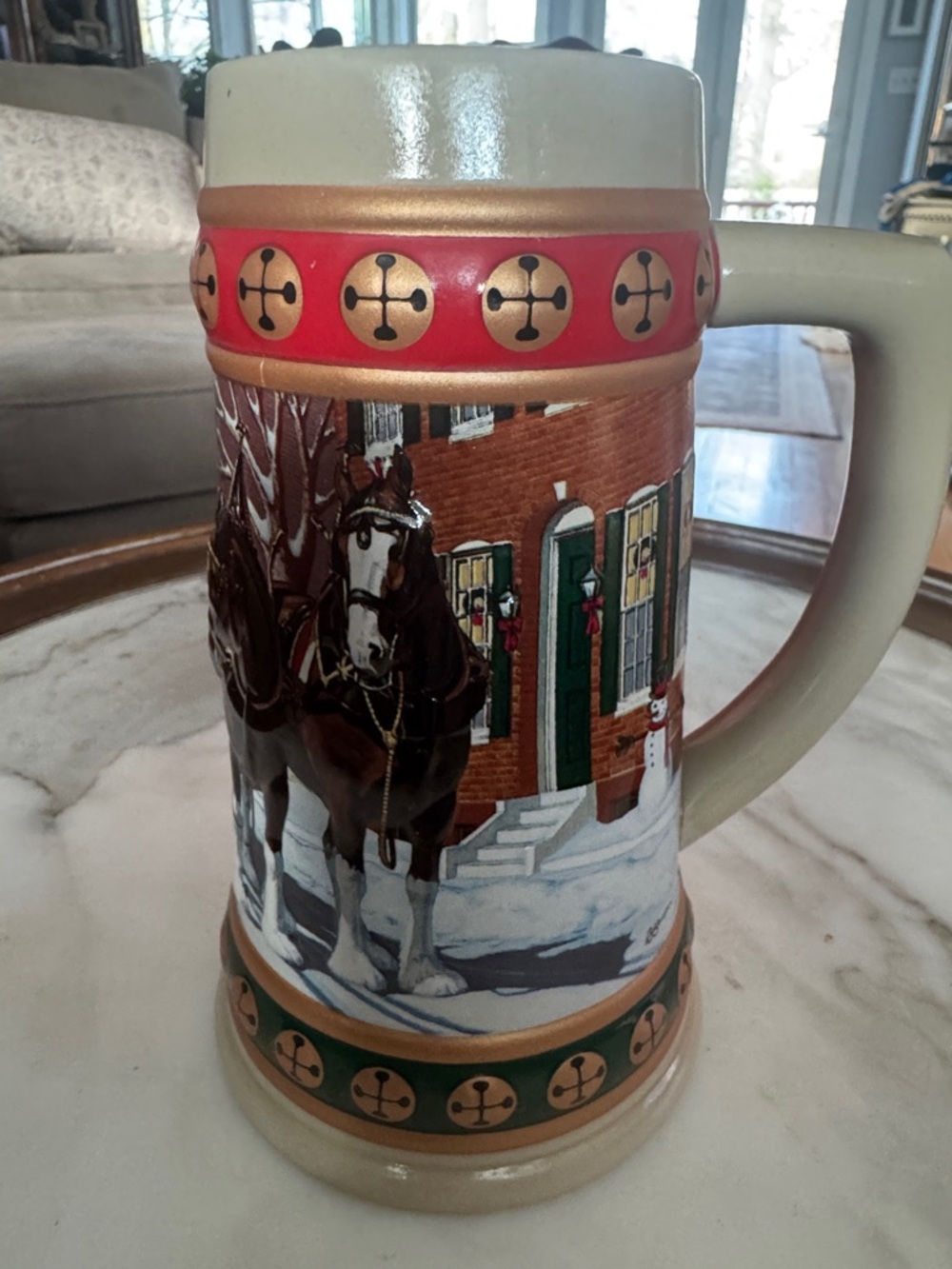 Budweiser Cream and Red Holiday Stein - Hometown Holiday 1993